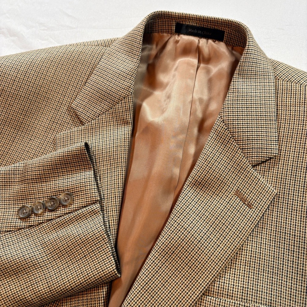 Chaps Blazer Mens 42R Tan Houndstooth Silk Wool Blend Two Button Sport Coat